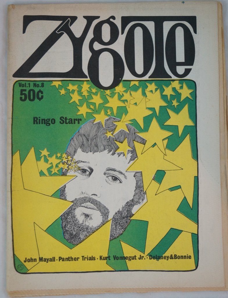 1970 Zygote Magazine, RINGO STARR Vol 1 No. 8 Hippie: "Zygote", a 70's rock band magazine. This is dated December 18, 1970, Vol. 1, No. 8. featuring RINGO STARR. Other very interesting articles...colorful! Condition is very good with light browning and c