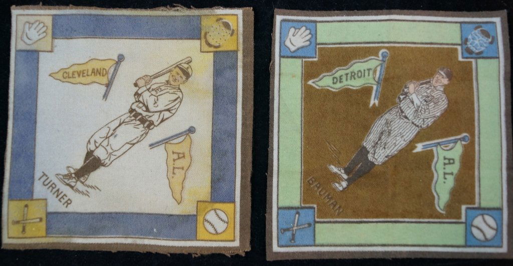 RARE Baseball Cloth Napkins, Cleveland Detroit LOT: Set of 2 hard to find and collectible "baseball napkins". Made of cloth. One is A.L Turner from Cleveland...the other is A.L. Bauman of Detroit. Each one is 5 1/4" inches square. Condition is very goo