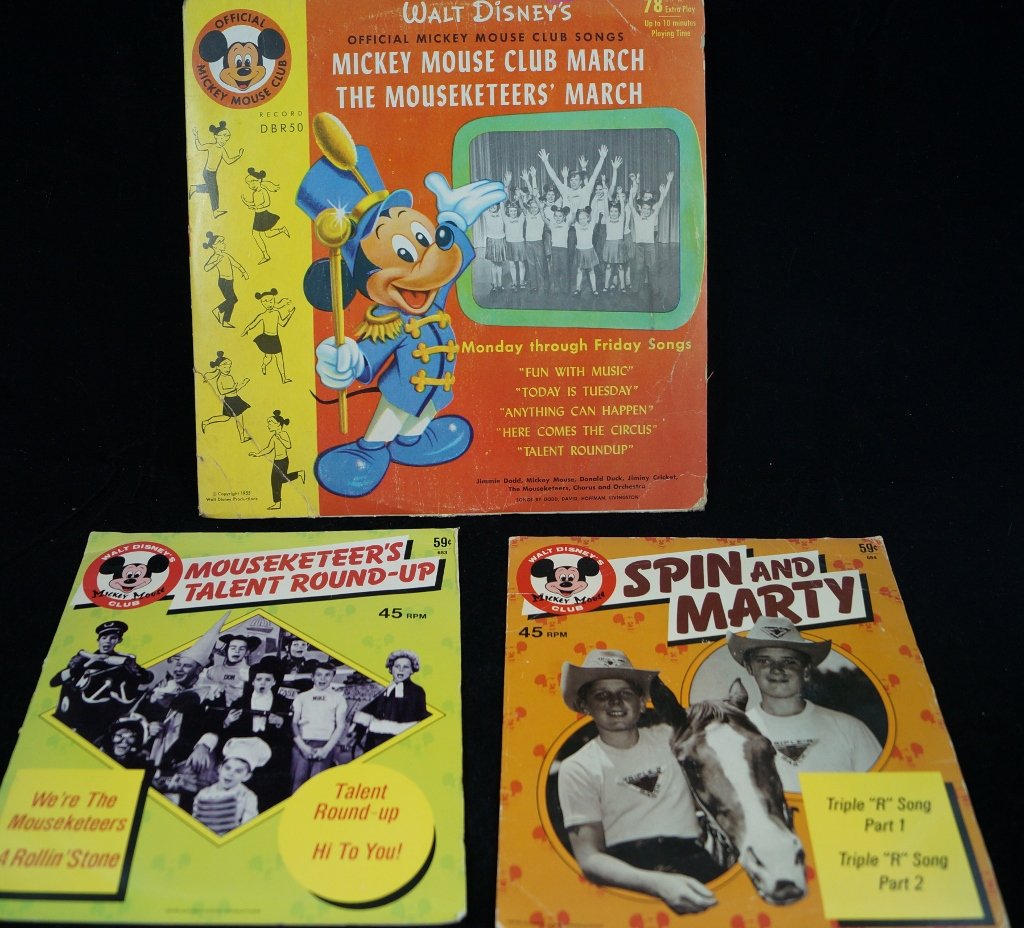 Mickey Mouse Club Walt Disney Vintage Records LPs: LOT of 3 Walt Disney original Mickey Mouse Club records. "Mouseketeer's Talent Round Up: 45 RPM record with original sleeve. Condition is excellent. "Spin and Marty" 45 RPM record with original sleeve