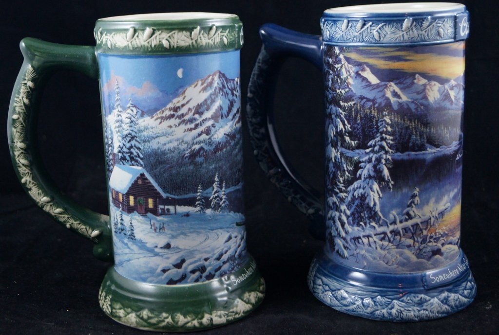 2 Coors Beer Golden Colorado Collectible Steins, COA: Very nice and collectible Coors Beer steins. Two "Somewhere Near Golden, Colorado" scenic steins. One has the COA. Featured artwork from Persis Clayton Weirs. 1st and 2nd in the series. 7 1/2" inches 