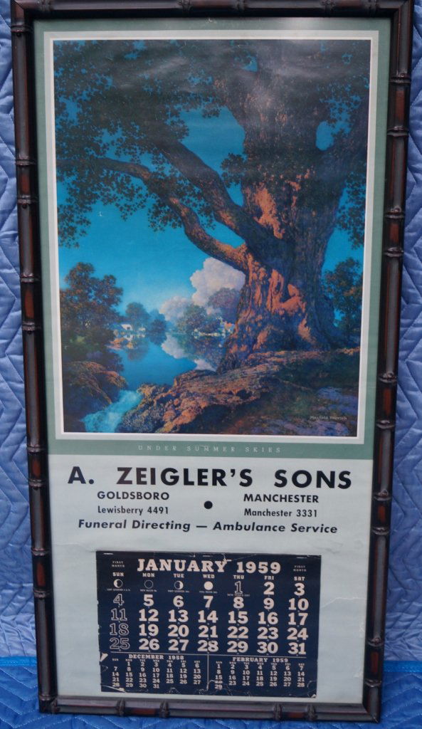 Maxfield Parrish Funeral Director Calendar,1959 Framed: Maxfield Parrish Funeral Director Calendar,1959. "A. Zeigler's Sons. Framed. 17 x 35" inches. Hard to find!