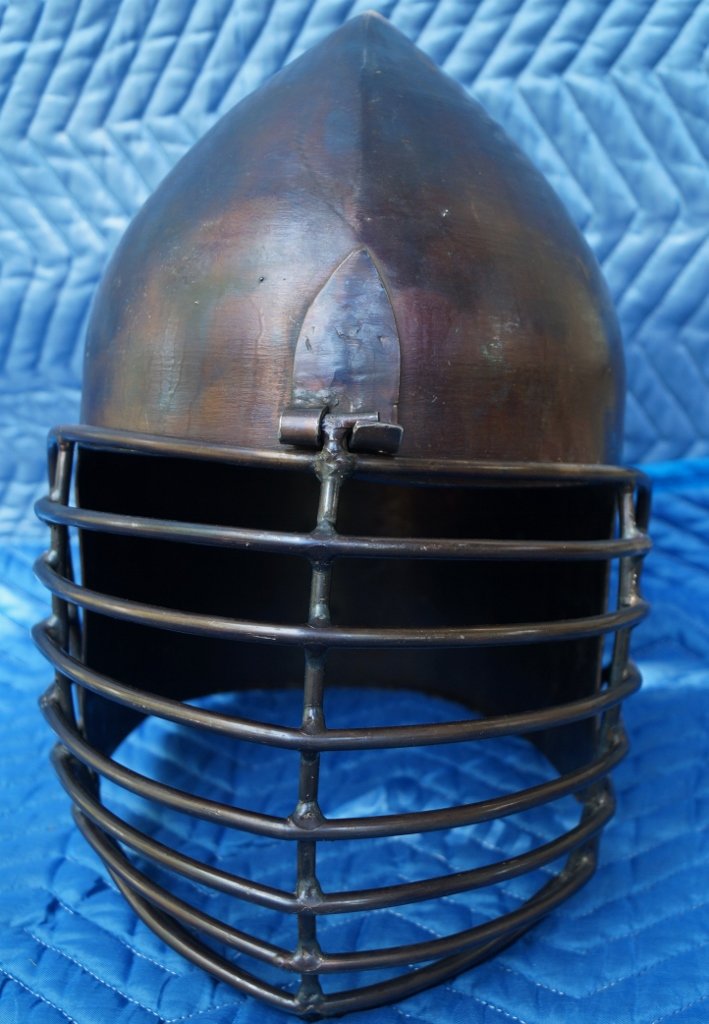 Knight's Metal Helmet, Hand Crafted, Custom Made: Knight's Metal Helmet, Hand Crafted Metal, Original. Very nice piece. Not a production piece...this is original and hand crafted. NOT a replica. Heavy at 9 pounds. Some tarnish. Very good.