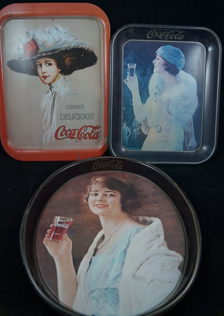 3 Vintage Coca Cola Coke Drink Trays, Woman: Vintage Coca Cola Coke Drink Trays of woman. These trays are vintage (NOT antique). Possibly from the late 1970's to late 1980's. One is oval, 12 x 15" inches. Other two are square at about 11 x 13".