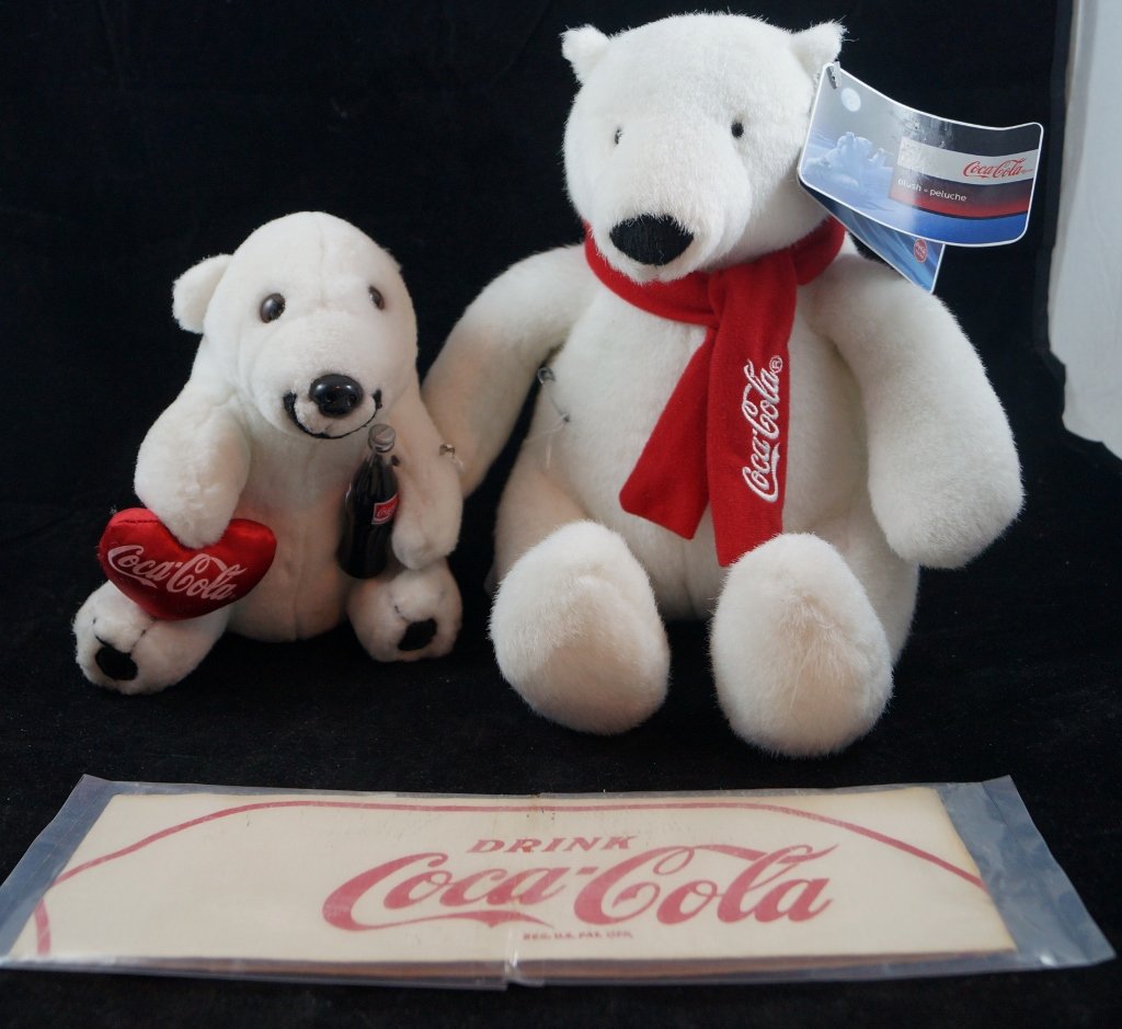 Original Paper Coca Cola Hat, Plush Coke Polar Bears: Original vintage paper Coca Cola Hat & 2 contemporary Plush Coke Polar Bears. The larger bear has original tag. Overall very good condition.
