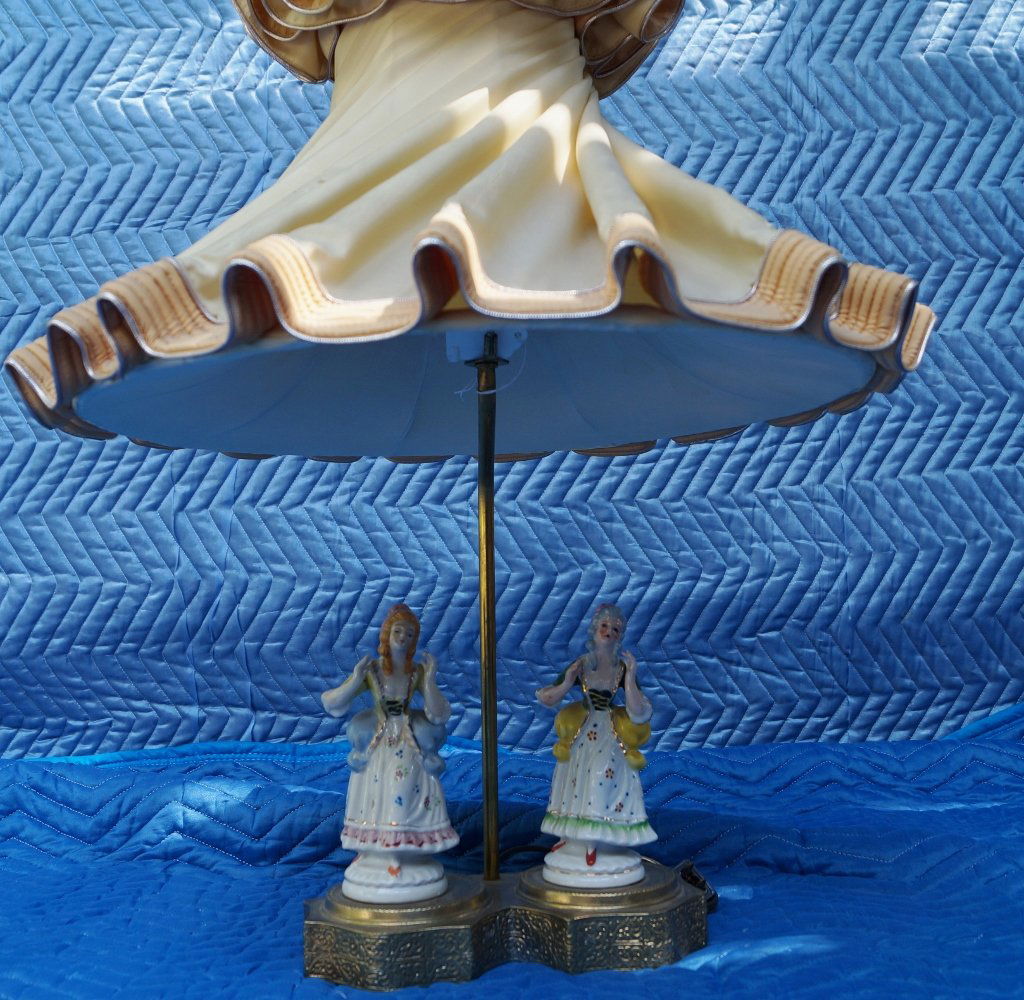 Occupied Japan Porcelain Sisters Lamp, Original Shade