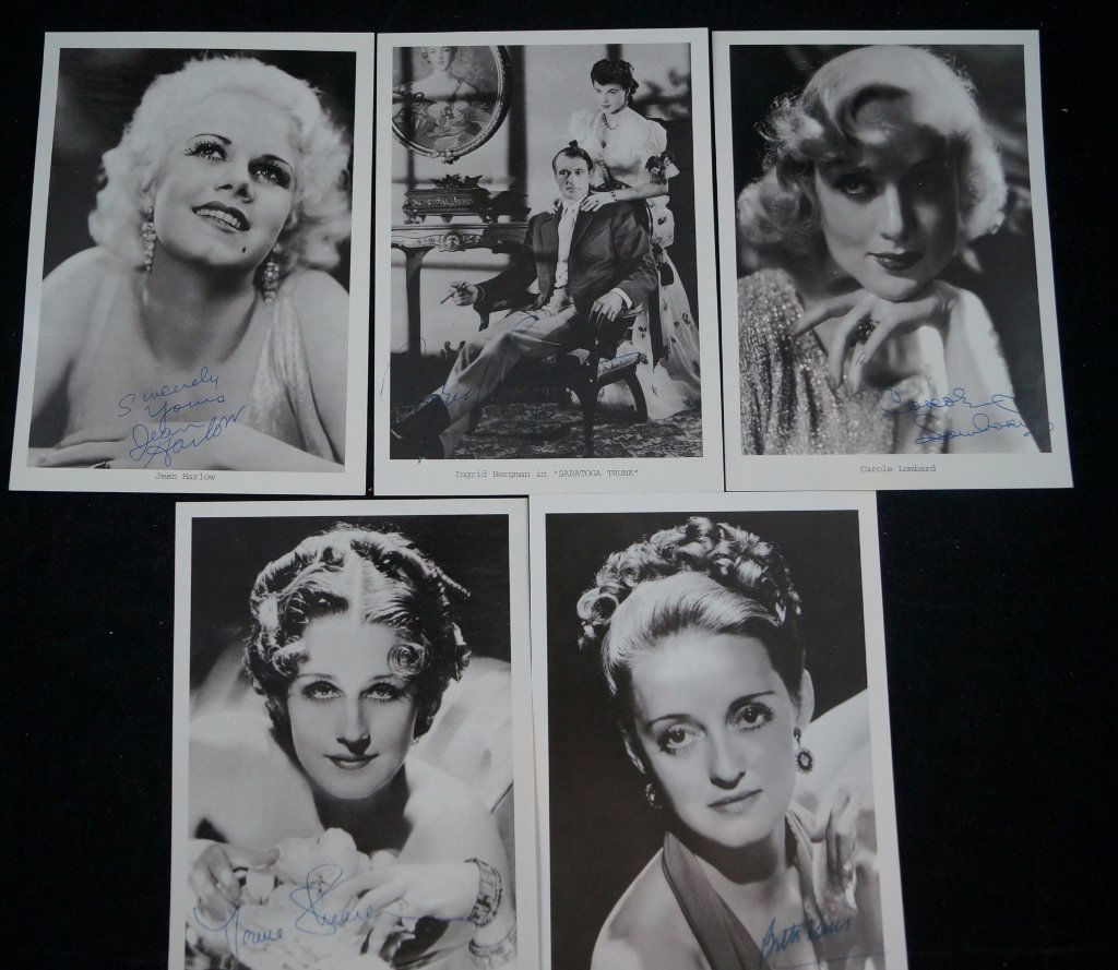 LOT OF 5 Signed Actor Photos, Bette Davis Jean Harlow: LOT OF 5 signed actor photos from the 50's and 60's. Including Jean Harlow, Bette Davis, Norma Shearer, Ingrid Bergman and Carole Lombard. Unsure if signatures are original. All 5 x 7" inches.