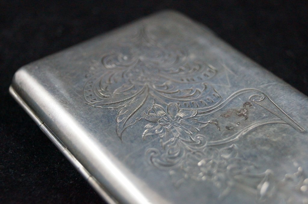 Silver Plated Vintage Monogram Cigarette Case: Silver Plated Vintage Monogram Cigarette Case. Marked "AHN" on inside. 2 1/2 x 4" inches. nice floral design on front.