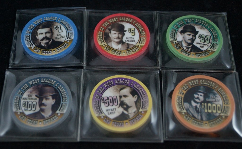 West Saloon Gambling Poker Chips Las Vegas NV: Legends of the West Saloon Gambling Poker Chips Las Vegas NVrnrnLOT OF 5. Including: Doc Holliday, ($1) Butch Cassidy ($5), Sundance Kid ($25), Bat Masterson ($100), Wyatt Earp ($500), Pat Garrett($1,