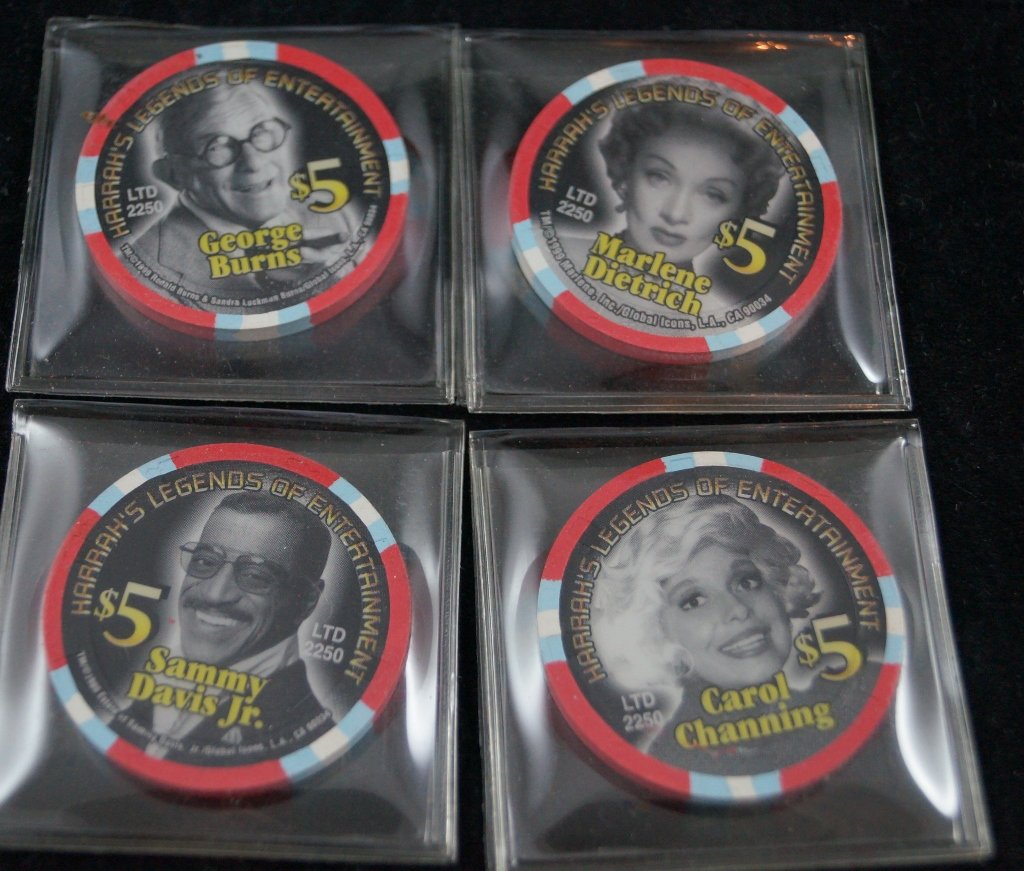 Legends of Entertainment Harrah's Casino Poker Chips: Legends of Entertainment Harrah's Casino Poker Chips. LOT OF 4. Includes Carol Channing ($5), George Burns ($5), Sammy Davis Jr. ($5), and Marlene Dietrich ($5).All in plastic. Fine. 1 1/2' inches.