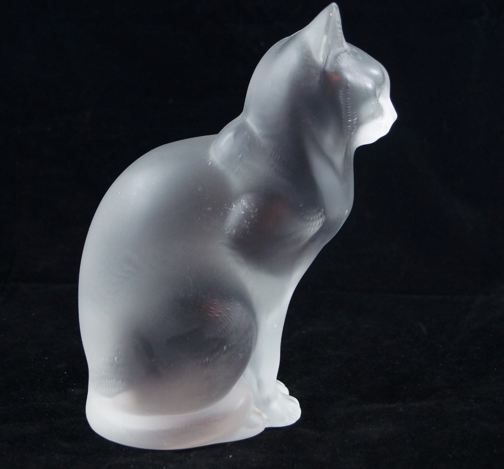 French Lalique Crystal Cat Figurine, Signed Large: Up for bid is a beautiful and authenic Lalique crystal frosted cat. Signed "Lalique, France" on base (see photos). Retail value is over $1,200 USD. Cat stands about 8 1/2" inches and weighs 8 pounds.