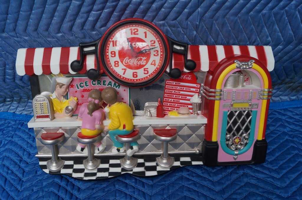 Ice Cream Parlor Diner Coca Cola Coke Hanging Clock: Ice Cream Parlor Coca Cola Coke Hanging Plastic Clock. 11 x 21" inches. Untested. Needs batteries. Scratches to clock face.