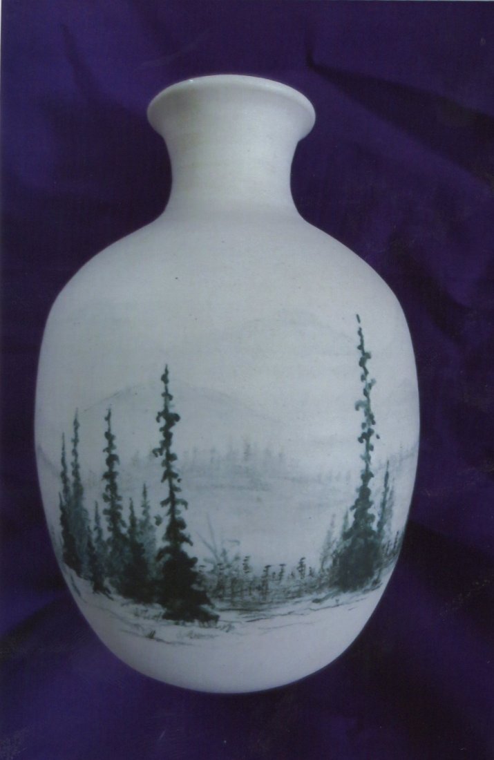 Rare F. Carlton Ball Pottery Vase, Landscape Trees #2: Here we have a tall, mid-century F. Carlton Ball, pottery vase with a landscape design. Stands 6\"\" tall, 3 1/8\" wide. NO chips or cracks. May need a cleaning. Beautiful authentic, glazed pottery. S