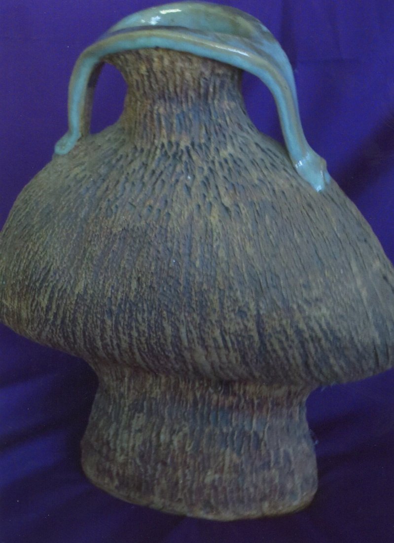 Rare F. Carlton Ball Pottery Vase, Hand Burnt Unique: Rare F. Carlton Ball Pottery Vase, Hand Burnt Unique with blue lips. Rare. 12 1/2 inches tall, 11 1/4 inches wide and 4 1/2 inches deep. Authentic Ball pottery. Excellent condition with NO chips or cr