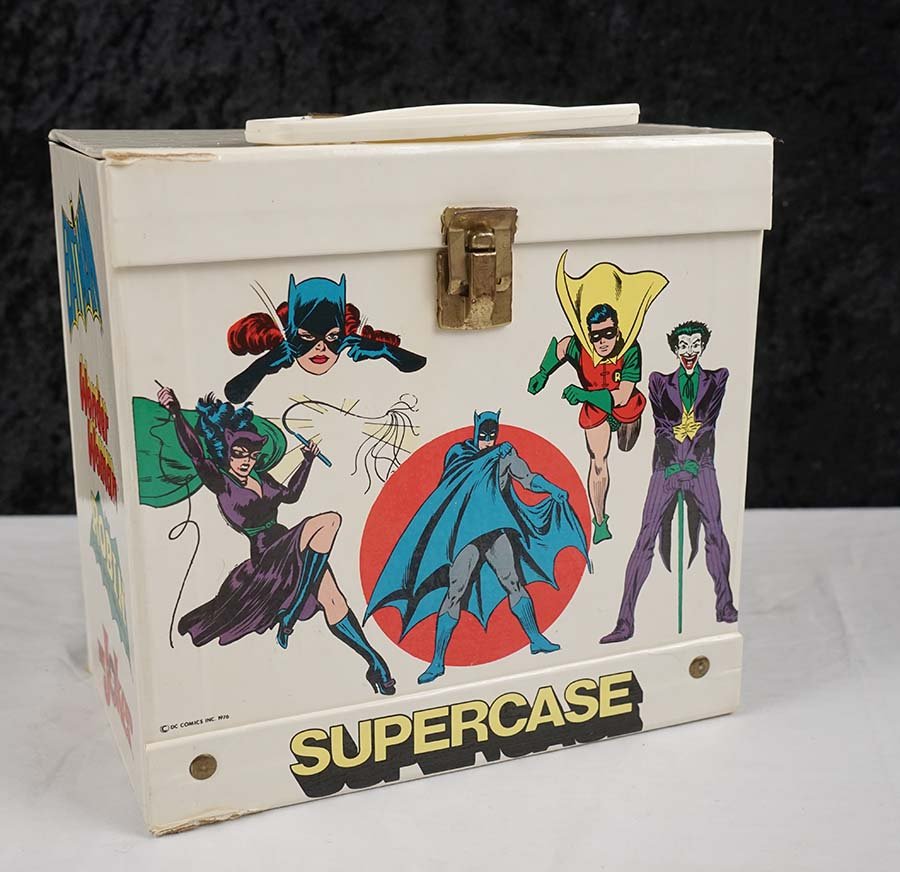 1976 Batman Superman Joker Supercase Records DC Comics: 1976 Batman Superman Joker Supercase with 46 Records (mostly 45's). DC Comics. Rare and collectible. Great selection of vintage records mostly in good condition. Some Disney. Some have scratches. Case