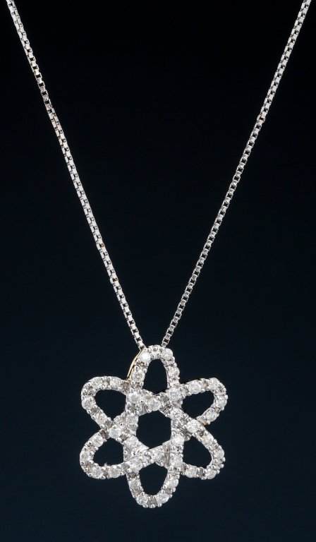 14K WHITE ABSTRACT DESIGN PENDANT ON CHAIN: 14K WHITE ABSTRACT DESIGN PENDANT ON CHAIN Abstract free form design pendant with .45 ct total in diamonds, on an 18" box chain. Both chain and pendant are 14K white gold. Weight: 4.3 g