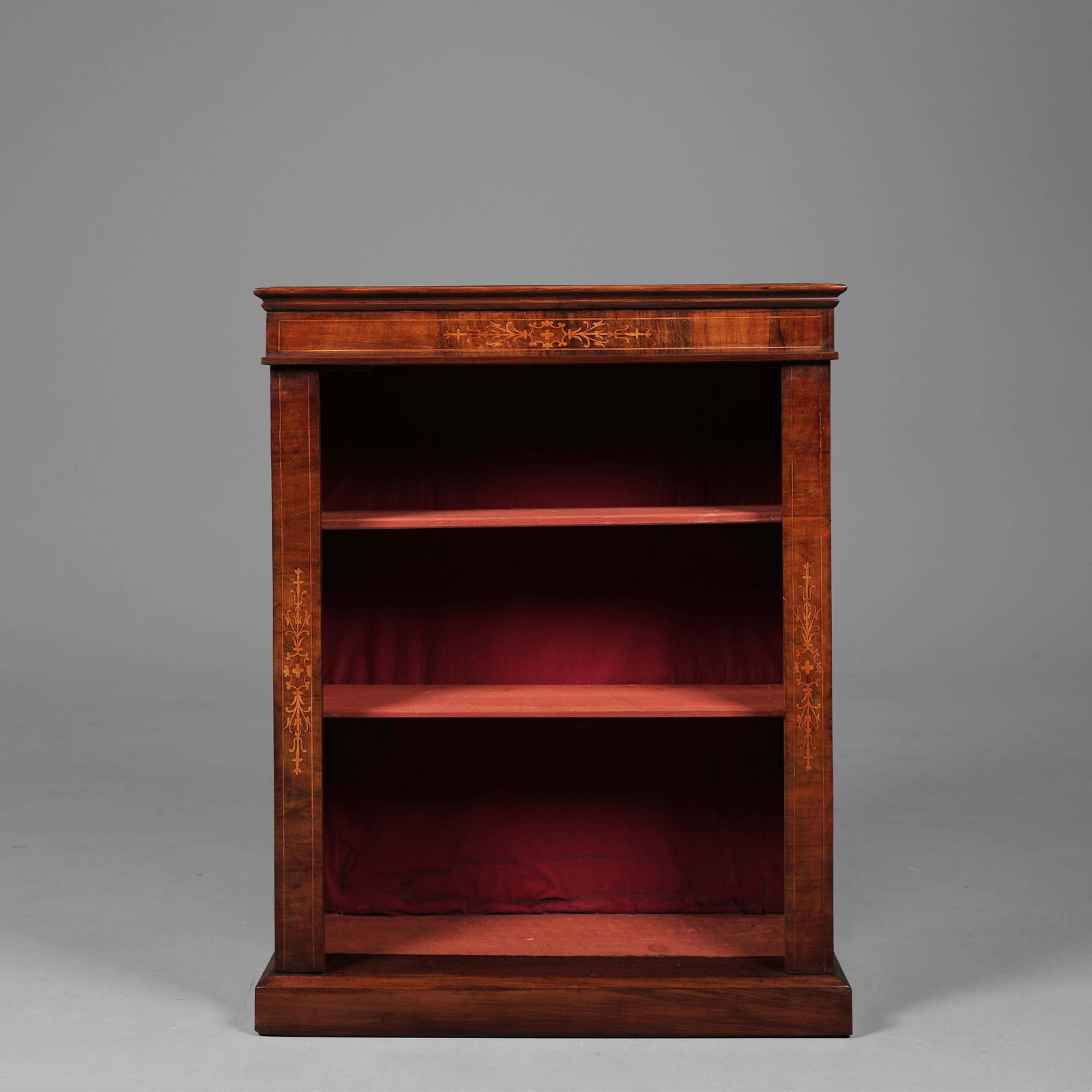 VICTORIAN OPEN BOOKCASE: VICTORIAN OPEN BOOKCASE walnut and marquetry with two shelves and fabric backing, 96cm H x 78cm W x 28cm D.