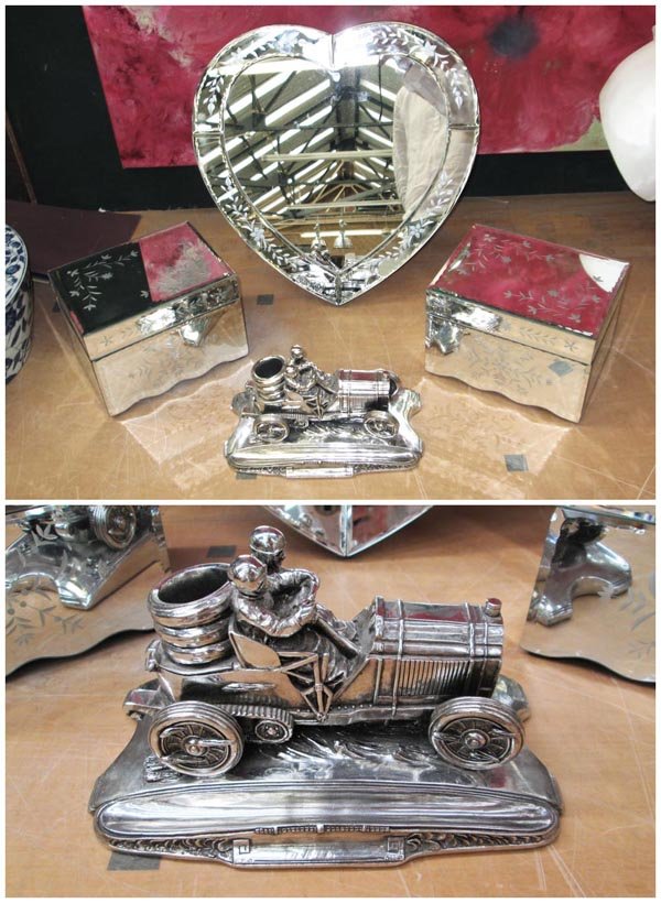 DESK ORNAMENT, silver plated racing car, Art Deco: DESK ORNAMENT, silver plated racing car, Art Deco style, 24cm L, together with a pair of etched and cut mirrored caskets, 21cm L x 15cm H x 16cm W, and a related heart shaped table mirror, 41cm x 41cm