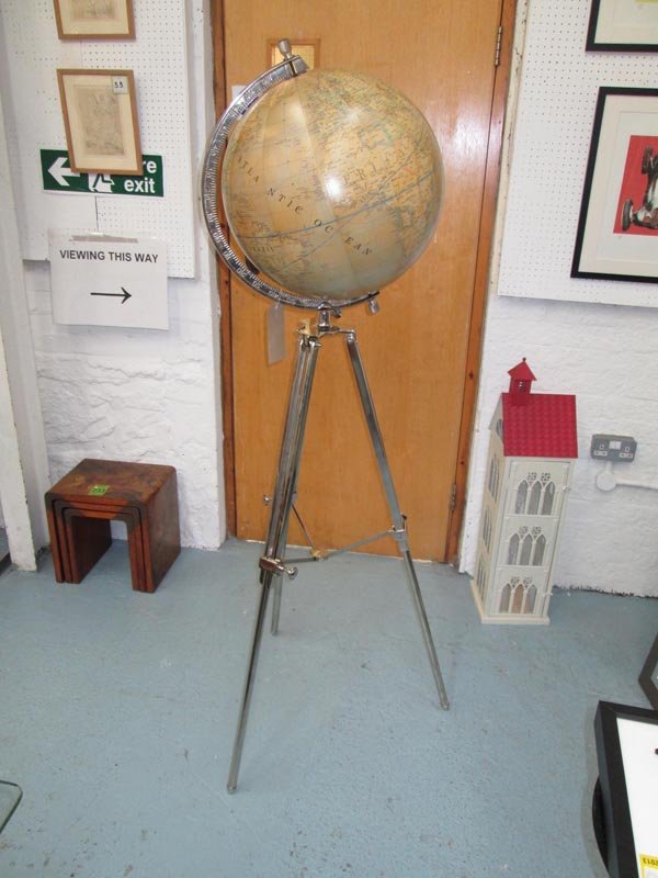 GLOBE ON STAND, adjustable tripod stand with vintage: GLOBE ON STAND, adjustable tripod stand with vintage style globe, 167cm H x 55cm W.