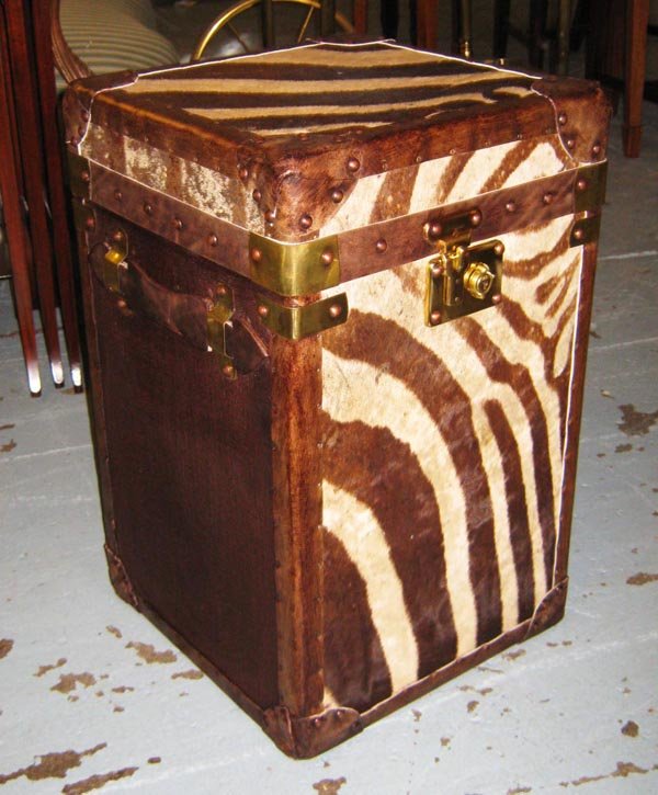 STEAMER TRUNK, in zebra skin with leather edging and: STEAMER TRUNK, in zebra skin with leather edging and brass fittings, 35cm x 35cm x 57cm H.