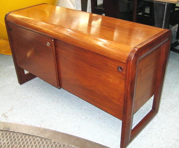 SIDE CABINET, 1970's rosewood and mahogany with double: SIDE CABINET, 1970's rosewood and mahogany with double sliding doors, 66cm H x 115cm x 44cm. (as found)