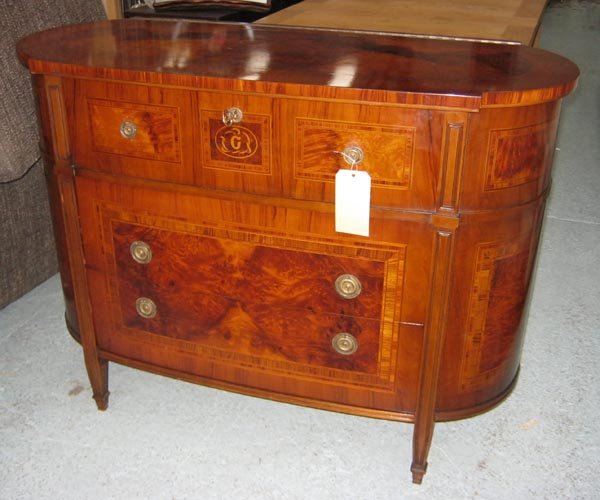 SECRETAIRE CHEST, Italian, antique design, burr walnut: SECRETAIRE CHEST, Italian, antique design, burr walnut and marquetry, oval form, fitted drawer above two drawers and stile supports, 125cm W x 56cm D x 92cm H.