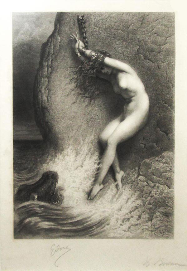 GUSTAVE DORE AND HERBERT BOURNE (French, 1832-1888),: GUSTAVE DORE AND HERBERT BOURNE (French, 1832-1888), 'Andromeda and the Kraken', engraving, 51cm x 35cm, signed by the artists and print maker, framed.