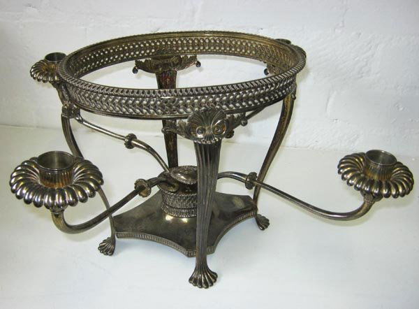 TABLE CENTREPIECE, George III with four peripheral,: TABLE CENTREPIECE, George III with four peripheral, detachable candle branches, bears hallmarks for London 1809, makers Benjamin & James Smith, 25cm x H x 49cm overall. (dish lacking)