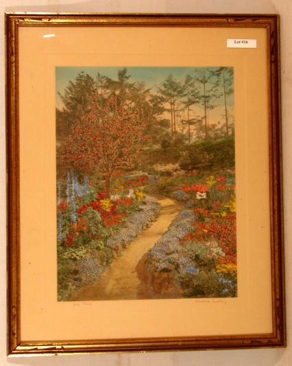 Wallace Nutting - Joy Path: Circa 1915-25 Wallace Nutting hand-colored photo. Foreign scene with narrow path and flower garden. England. Original mat, pen signature & title. Est 16x20" original frame with newer backing paper. 4.