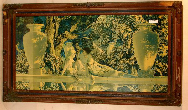 Maxfield Parrish - Garden of Allah: Circa 1918 Maxfield Parrish Enchanted art print. Est 30x15" large format original print in original frame. Original backing paper mostly intact. 4.0 Grading with nice, clean and unblemished color and