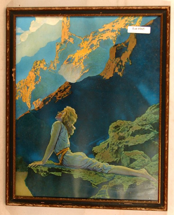 Maxfield Parrish - Wild Geese: Circa 1924 Maxfield Parrish Enchanted print. Est 12x15" original art print in original blue & gold frame with original backing paper. "© Reinthal & Newman, NY" l/r on image. Good color having some ve