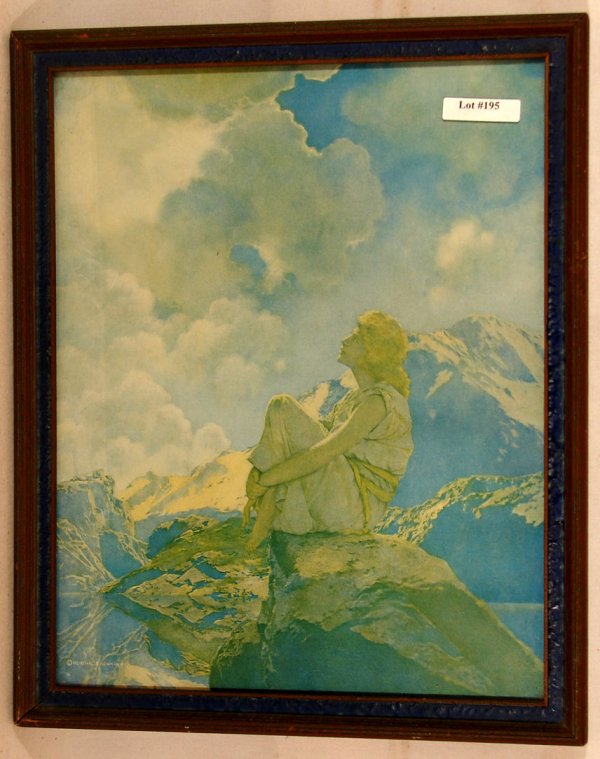 Maxfield Parrish - Morning: Circa 1922 Maxfield Parrish Enchanted print. Est 12x15" original art print in original blue & gold frame with original backing paper. "© Reinthal & Newman, NY" l/l on image. Good color having some ve