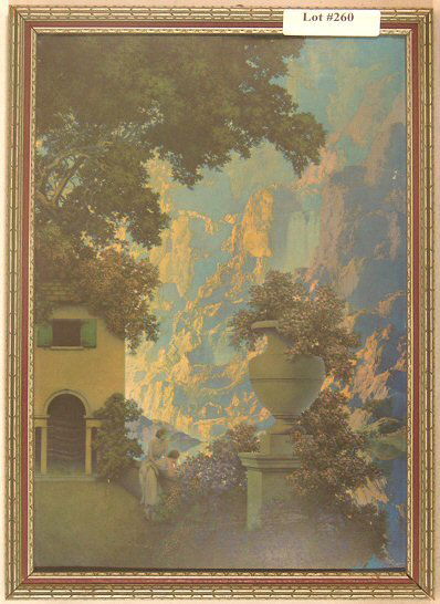 Maxfield Parrish - Sunrise: Circa 1933 Maxfield Parrish Enchanted print. Est 7x10" original art print in original frame. Good color with several faint image blemishes and original frame having no glass.