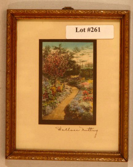 Wallace Nutting - Miniature Foreign Scene: Circa 1930-35 Wallace Nutting hand-colored photo. Miniature Foreign scene with colorful flower garden. "Joy Path". England. Est 4x5" original frame with original backing paper. 4.0 Grading with nice c