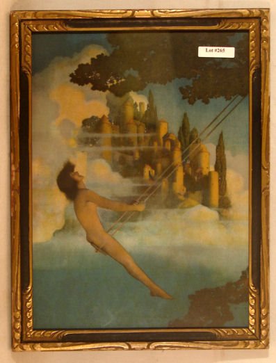 Maxfield Parrish - Dinkey Bird: Circa 1904 Maxfield Parrish Enchanted print. Est 11x15" original art print in original blue & gold frame with partial original backing paper. "MP" l/r on image. 4.0 Grading with good color and origina