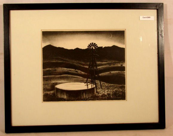 Peter Hurd - Lithograph - Western Well Pump: Original circa 1940 Peter Hurd (1904-1984) lithograph of evening western water well. Signed "Peter Hurd" l/r in image. Est. 10x8.5" original print is overmatted and framed in original 18x14" frame wit