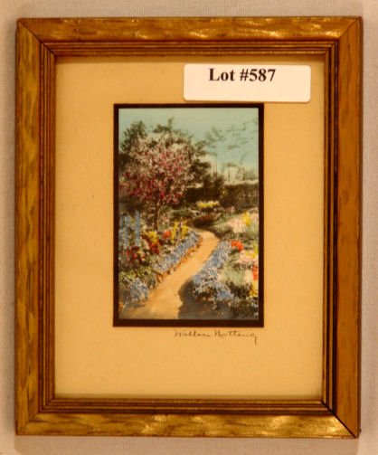 Wallace Nutting - Miniature Foreign Scene: Circa 1930-35 Wallace Nutting hand-colored photo. Miniature Foreign scene with path winding through colorful flower garden. "Joy Path". England. Original mat and pen signature. Est 4x5" original frame