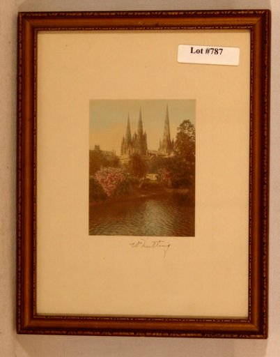 Wallace Nutting - Untitled Foreign Scene: Circa 1915-25 Wallace Nutting hand-colored photo. Untitled Foreign scene with tall 3-spired cathedral. "Litchfield Minster". England. Original mat and pen signature. Est 6.5x8.5" original frame with o