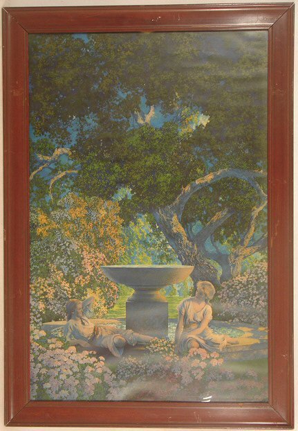 Maxfield Parrish - Reveries: Circa 1927 Maxfield Parrish Enchanted art print. Est 15x22" period mahogany frame with older/original backing paper. Several tiny white marks and light crease u/l are barely visible but otherwise in c