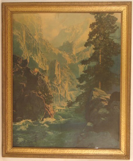 Maxfield Parrish - Spirit of Transportation: Circa 1923 Maxfield Parrish Enchanted art print. Est 16x20" period frame with no backing paper. Several streaking marks l/l appear to be on the glass underside but otherwise in clean and unblemished c