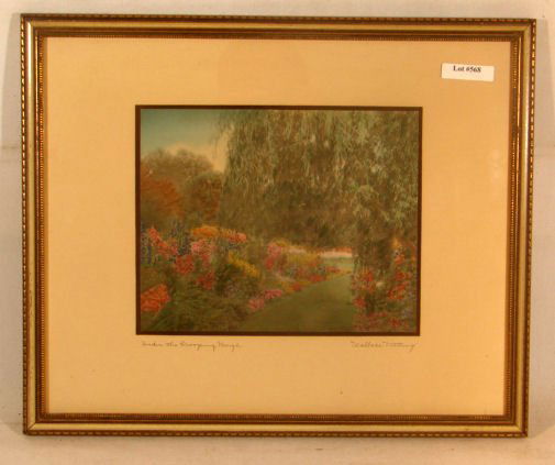 Wallace Nutting - Under the Drooping Bough: Circa 1930-35 Wallace Nutting hand-colored photo. Colorful Garden scene. Original mat, pen signature and title. Est 16x13" original frame with older backing paper. 4.0 Grading with good color and In c