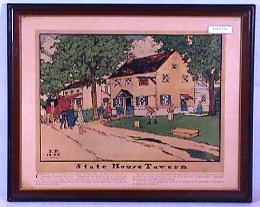 Robert Smith Ale Brewing Co. Promotion: Circa 1909 "State Tavern House" promotional print. Signed "J.P 1908, Copyright 1909, Robert Smith Ale Brewing Co." l/l under image. Est 17x14" original frame with no backing paper. 3.75 Grading with n