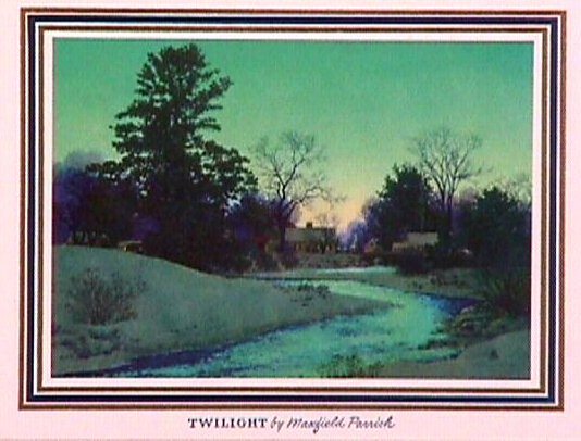 Maxfield Parrish - Twilight Xmas Card: Circa 1940-50 Maxfield Parrish Christmas Card. "Twilight" landscape scene sits upon a 8x6.5" Xmas Card. Includes original envelope. 4.0 Grading. You Can Bid On This Lot With Confidence. However…Befo