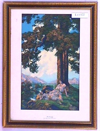 Maxfield Parrish - Hilltop: Circa 1927 Maxfield Parrish enchanted print. Est 6.25 x 10" print is framed in period 9x12" blue & gold frame. "Maxfield Parrish" l/l, "Hilltop by Maxfield Parrish" l/c, and "The House of Art, NY" l/r