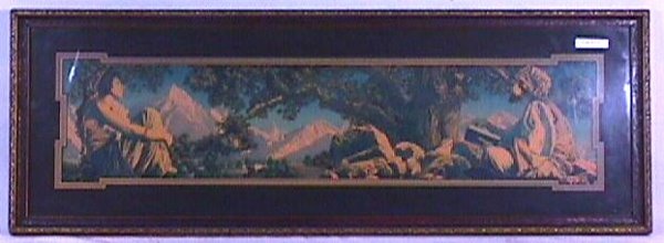 Maxfield Parrish - Rubaiyat: Circa 1917 Maxfield Parrish enchanted print. Est 28.5x7" print in overall 33x11" original brown & gold frame."(c) 1917 C.A. Crane Cleveland" l/r and "Reinthal & Newman, New York" impressed l/l. No bac
