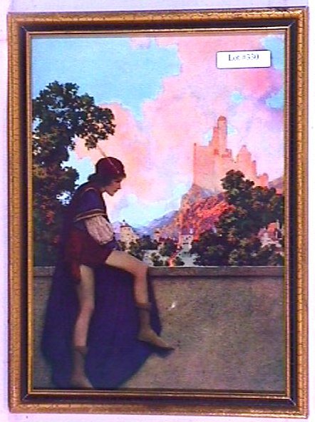 Maxfield Parrish - The Knave: Original framed circa 1925 Maxfield Parrish Knave of Hearts print. "The Knave". Est 9x12" older frame with newer backing paper. 4.0 Grading with very nice color. You Can Bid On This Lot With Confidenc