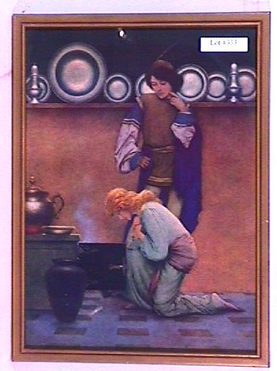 Maxfield Parrish - Lady Violetta & Knave: Original framed circa 1925 Maxfield Parrish Knave of Hearts print. "Lady Violetta and the Knave". Est 9x12" newer frame with newer backing paper. 4.0 Grading with very nice color. You Can Bid On This