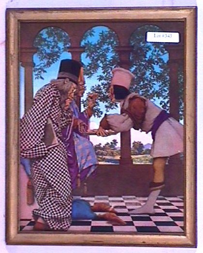 Maxfield Parrish - Chancellor & the King: Original framed circa 1925 Maxfield Parrish Knave of Hearts print. "The chancellor informs Violetta that the King if waiting". Est 9x12" older frame with newer backing paper. 4.0 Grading with very nic