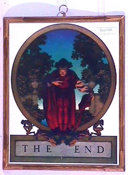 Maxfield Parrish - The End: Original framed circa 1925 Maxfield Parrish Knave of Hearts print. "The End". Est 9x12" older frame with newer backing paper. 3.5 Grading with 1" bottom tear barely visible. You Can Bid On This Lot Wi