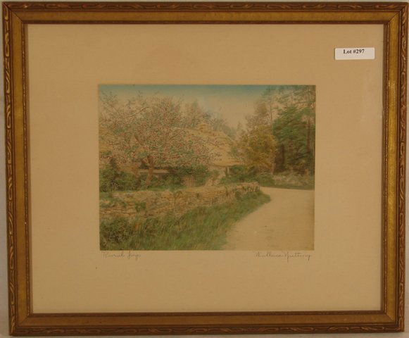 Wallace Nutting - Rural Joys - England: Circa 1915-25 Wallace Nutting hand-colored photo. Rarer English thatch-roofed cottage scene. England. Original mat, pen signature & title .Est 16x13" original frame with older backing paper. 4.0 Gradi