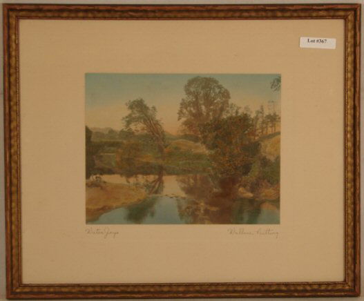 Wallace Nutting - Water Joys: Circa 1915-25 Wallace Nutting hand-colored photo. Irish rocky, tree-lined stream scene. Ireland. Original mat, pen signature & title. Est 16x13" original frame with original backing paper. 4.0 Grading